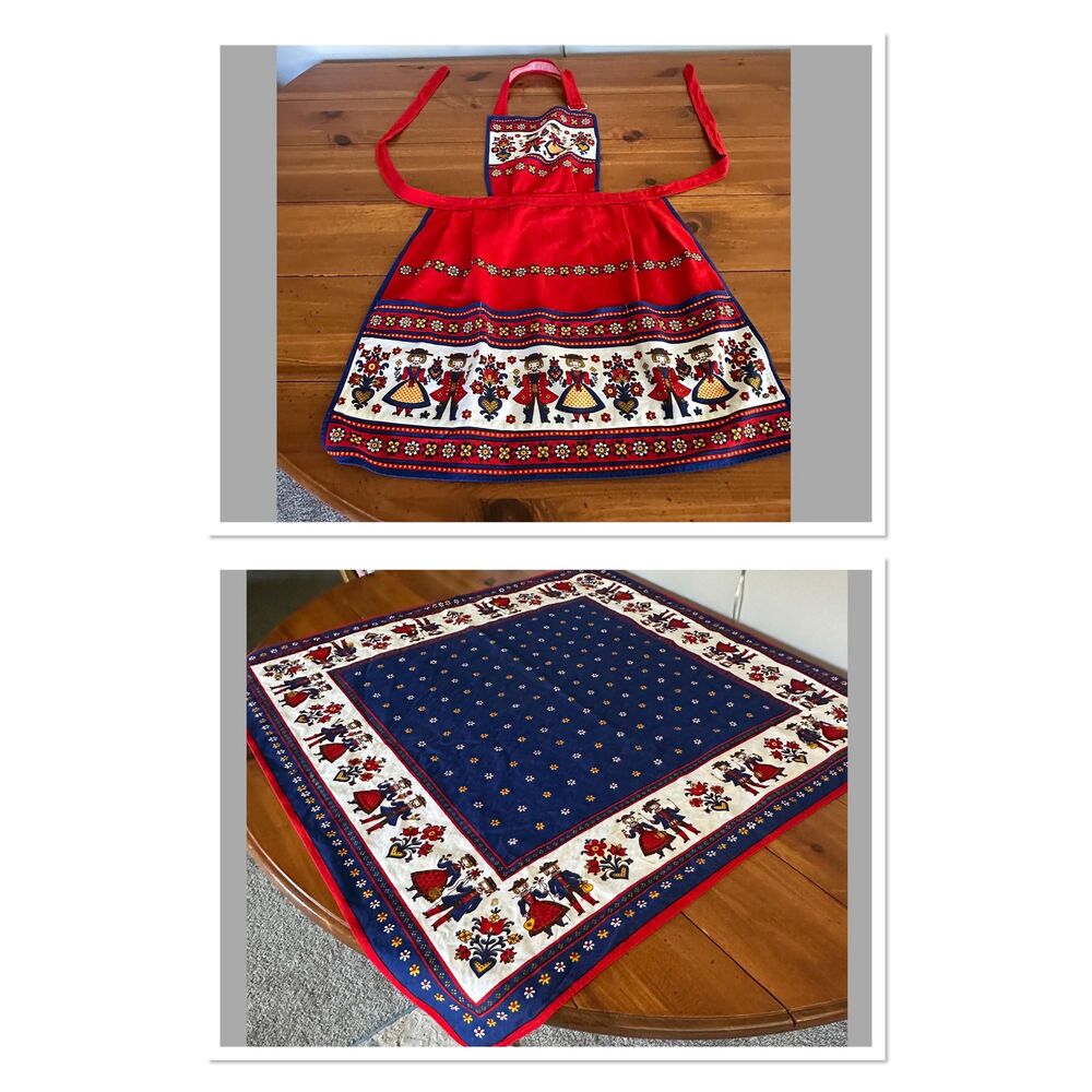 Vintage Kolf Austria Folk Art Kitchen 2 Pc Set Red Blue Bib Apron & Table Square